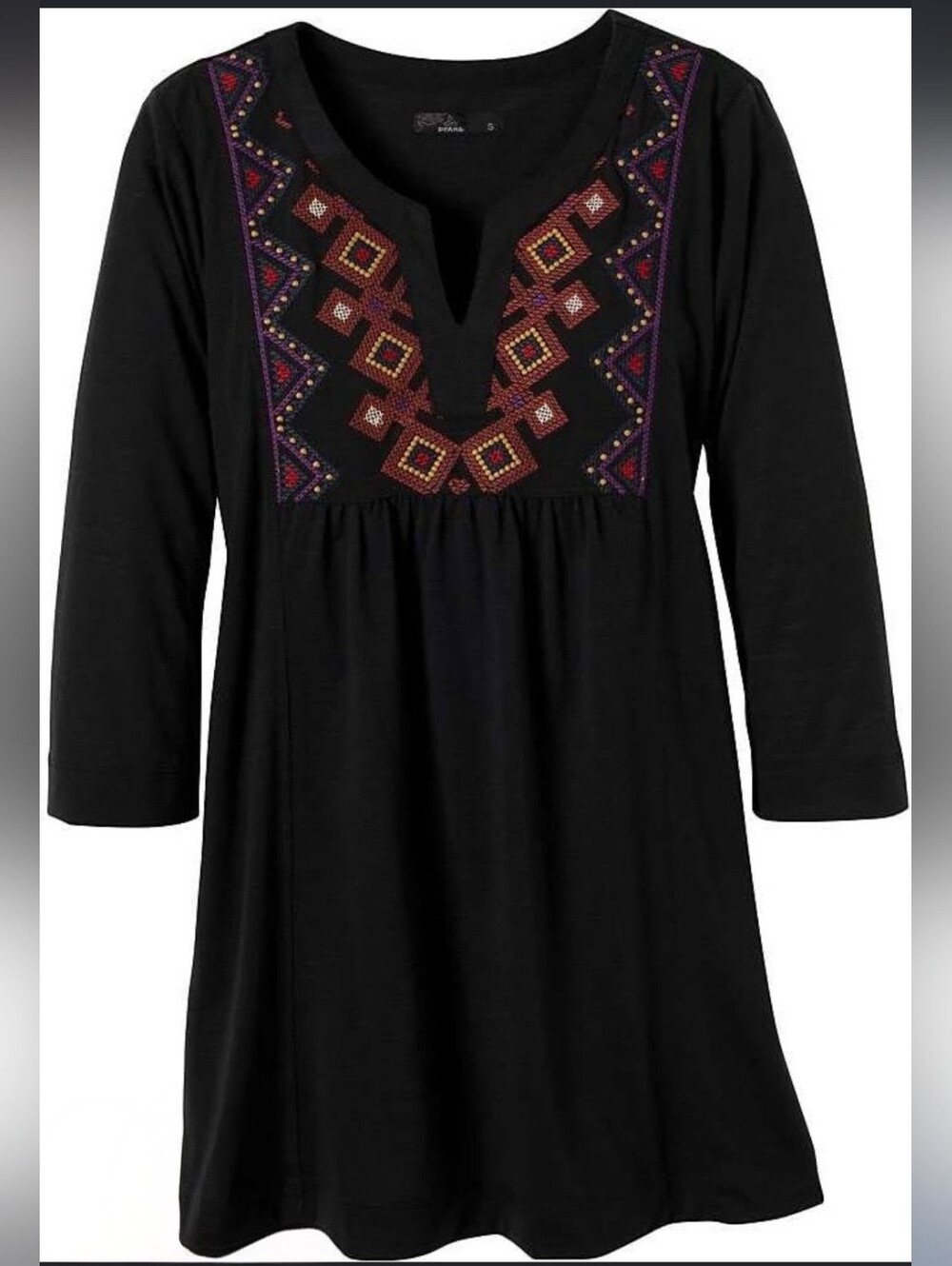 PrAna Black Tunic Or Mini Dress Multicolor Geometric Embroidery 3/4 Sleeves XS